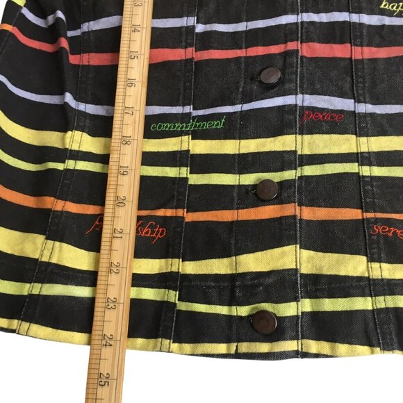 Unique Denim Jacket Womens Medium Black Multicolor Striped Embroidered Happiness - Picture 3 of 16